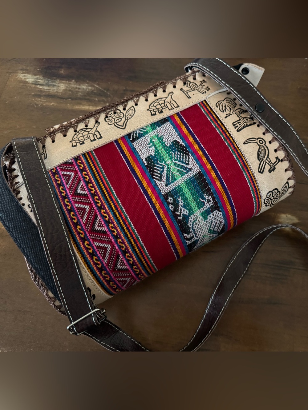 NWT Beautiful Handmade/Handwoven Red Tribal Crossbody Bag with Leather Trim
